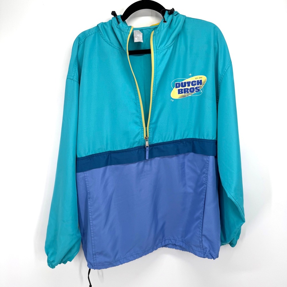 Dutch Bros Coffee Windbreaker Jacket Mens XL Colorblock 1/4 Zip Pullover Hood